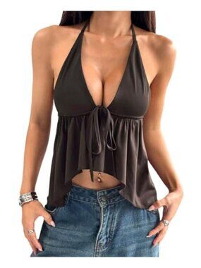 Women's Deep V Halter Crop Top Ruffle Tie Front Backless Peplum Tank